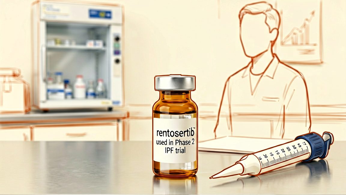 a glass vial of the AI‑designed drug rentosertib used in the Phase II IPF trial