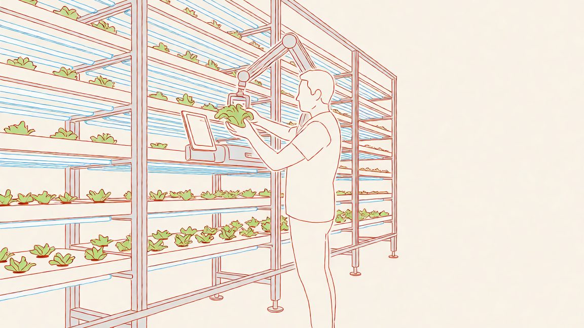 AI‑controlled hydroponic lettuce grow racks inside the Hydragreens Produce Ltd. indoor farm in Calgary