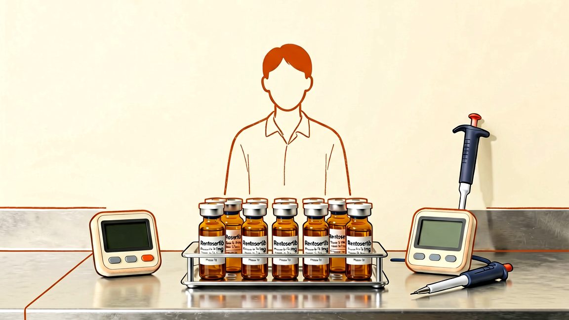 Amber glass vials containing the investigational drug Rentosertib (60 mg) used in the Phase‑IIa trial