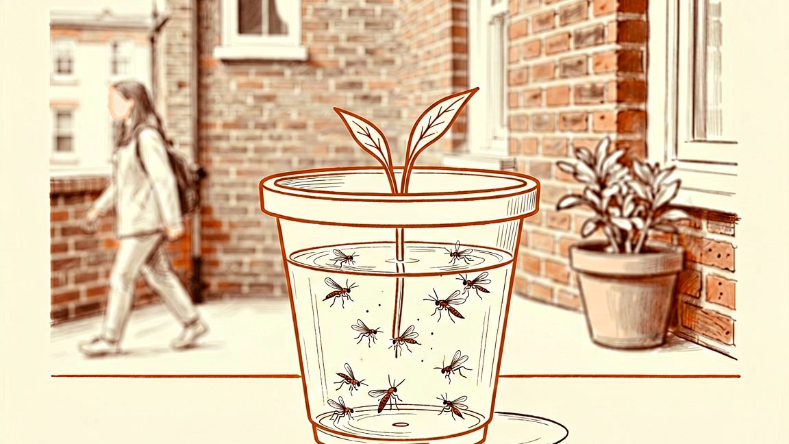 Aedes aegypti larvae in a water‑filled plastic flowerpot on the balcony of a council flat in Newham, East London