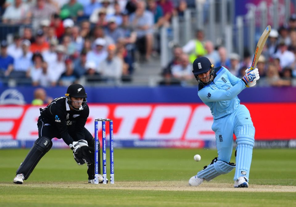 CHESTER-LE-STREET, ENGLAND - JULY 03:  Jason Roy of England in action batting as Tom Lathan of New Zealand looks on during the Group Stage match of the ICC Cricket World Cup 2019 between England and New Zealand at Emirates Riverside on July 03, 2019 in Chester-le-Street, England. (Photo by Clive Mason/Getty Images)