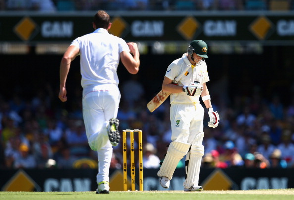 BRISBANE, AUSTRALIA - NOVEMBER 21:  Steve Smith of Australia looks dejected after being dismissed by Chris Tremlett of England during day one of the First Ashes Test match between Australia and England at The Gabba on November 21, 2013 in Brisbane, Australia.  (Photo by Ryan Pierse/Getty Images)