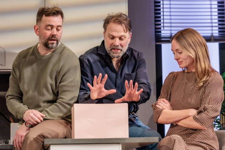 (L-R) Alex Price as Brian, Nicholas Burns as Colin and Laura Haddock as Lisa in The Gift at The Park Theatre (Image credit: Rich Southgate)