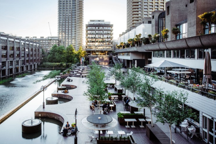 Barbican Centres Lakeside Terrace bustling with SXSW attendees, capturing the vibrant intersection of arts and technology.
