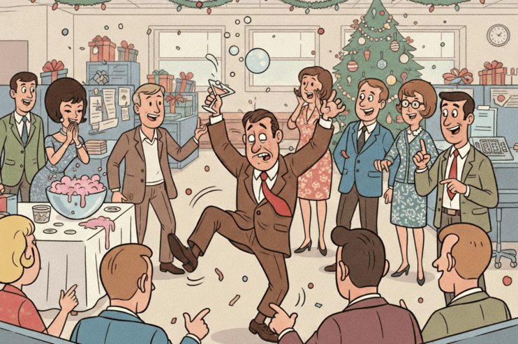 Retro-themed Christmas work party with colleagues wearing festive attire, vintage decorations, and holiday cheer in an off...