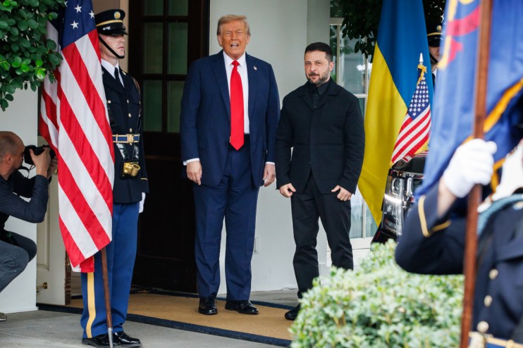 Donald Trump and Volodymyr Zelensky in a diplomatic meeting discussing international relations and political strategies.