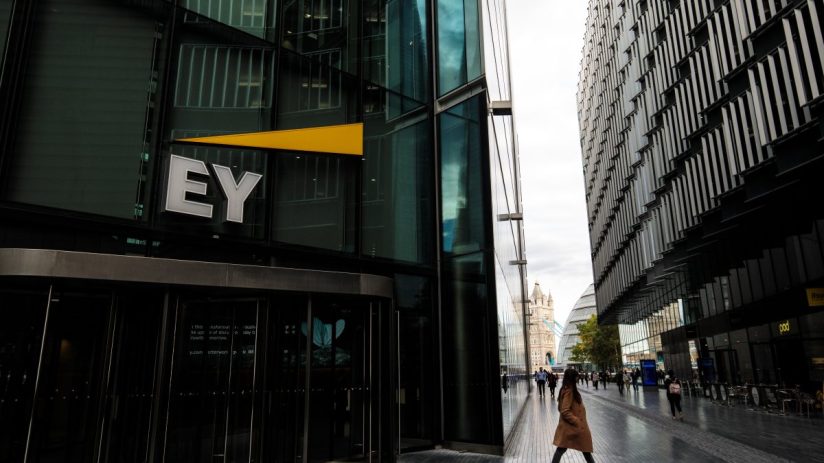EY London headquarters building exterior on a sunny day, showcasing modern architecture in the citys business district
