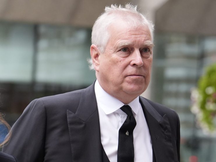 Prince Andrew attending a formal event wearing a suit, engaging in conversation with dignitaries against an elegant backdrop.