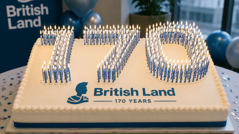 AI-themed birthday cake celebrating British land, featuring intricate design and technology motifs, on a news business pla...