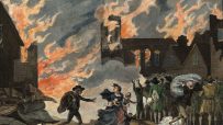 Historic illustration of the Great Fire of London, depicting flames consuming buildings with smoke billowing into the sky