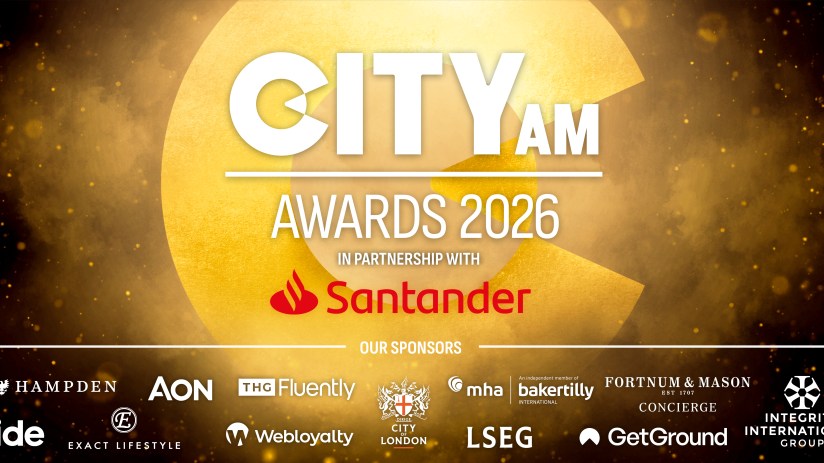 CityAM Awards main sponsors display with logos, showcasing business partnerships and event support in a celebratory setting