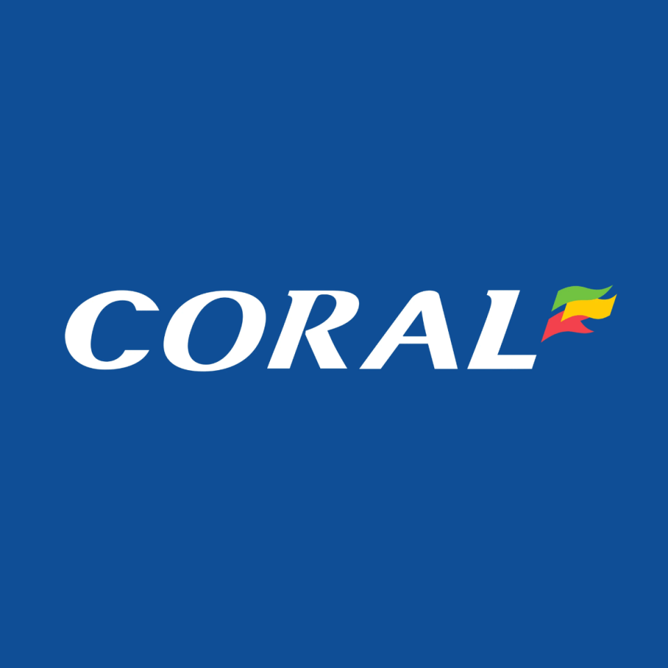 Square coral logo design on a business news website showcasing the organizations branding in a professional context
