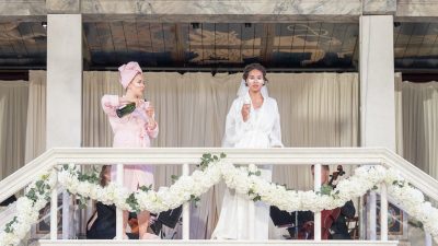 Matilda Bailes as Margaret and Assa Kanoute as Hero performing in Much Ado About Nothing at Shakespeares Globe theater.