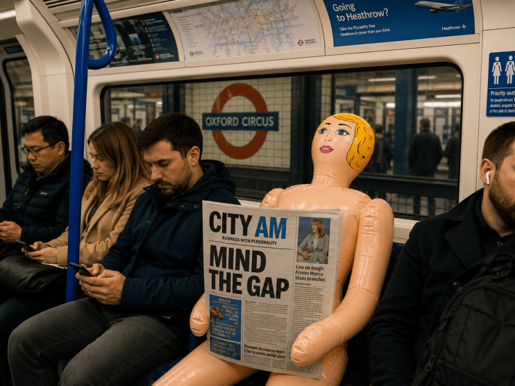 Abandoned doll on London Tube seat holding CityAM newspaper, capturing urban life and public transport atmosphere