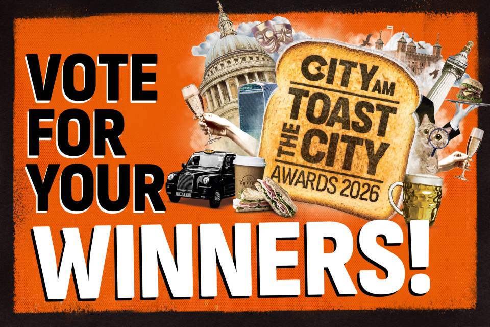 CityAM Toast the City Awards 2026 graphic with London landmarks, champagne, black taxi, and sandwiches.