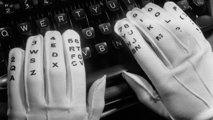 Vintage 1960s typing gloves, showcasing retro office fashion and ergonomic design for typewriter use