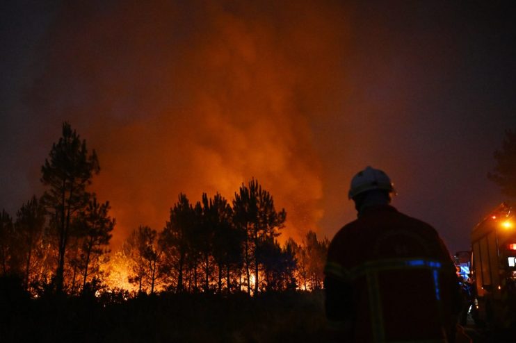 Firefighter in helmet and uniform watching a blazing forest fire at night, red glow in the sky