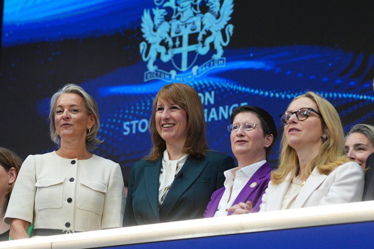 Julia Hoggett and Rachel Reeves with other women leaders at a financial event, discussing pension industry overhaul.