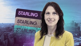 Smiling woman, potentially Starling CEO, over city skyline with STARLING branding